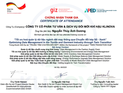 Certificate of Completion Optimizing Data Management in the Textile and Garment Industry through Twin Transition for KLINOVA's Staffs